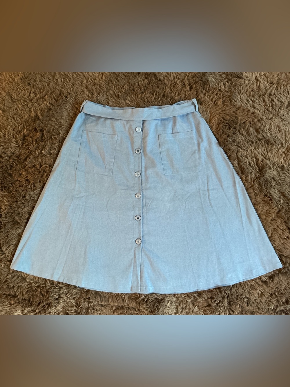 Vintage Inspired Blue Linen Button-Down Midi Swing Skirt with matching Belt, XL